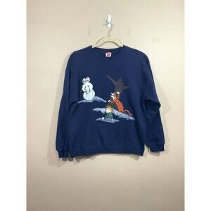 VTG Hanes Hand Painted Calvin and Hobbes Sweatshirt L Blue Y2K Comics Cartoon